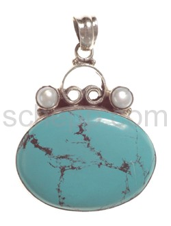 Pendant, turquoise with pearls, oval